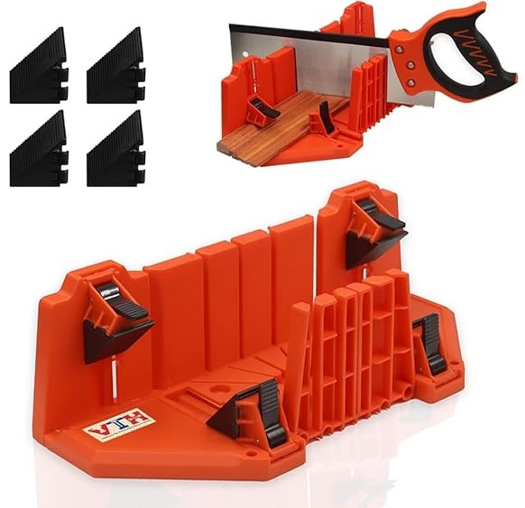 Mitre Box with Clamps & Saw – Secure Hold Precision Angle Box 45°/90°, Quick-Release Clamps | Non-Slip Base, 300mm Capacity 24TPI Back Saw | UAE Professional Carpenter Molding Trim Cutting Tool 